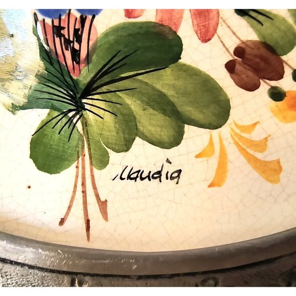 SET/2 Vintage Plates in Pewter Frames, Hand Painted Floral Bouquets, EUC - Picture 9 of 10